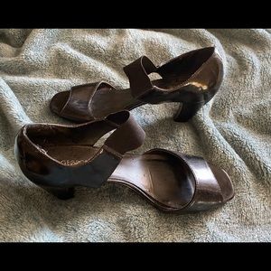 George Heels Shoes Open Toe Strap Black Patent